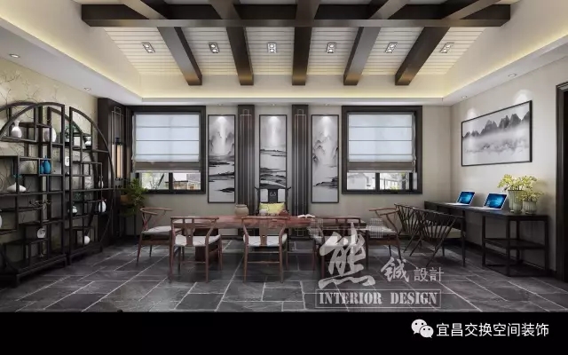 一种心旷神怡之感：悠悠的暖灯、纯美的红木博古架、秀丽的瓷器摆设、山水挂画体现出中国文化的博大精深，右边设计了现代化的办公区域，充分满足业主不同的需求。